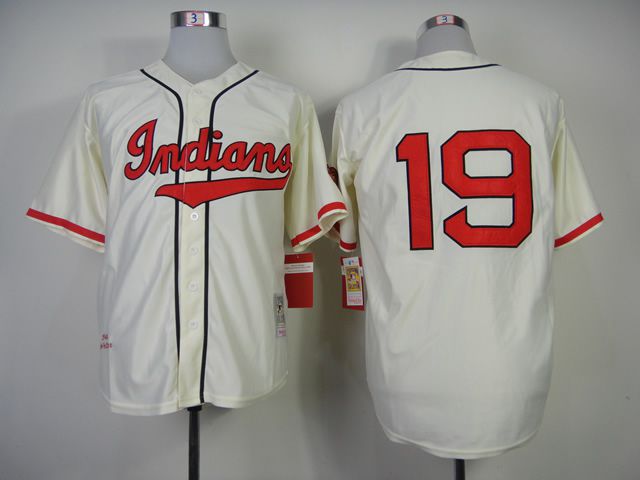 Men Cleveland Indians 19 Feller Cream Throwback MLB Jerseys